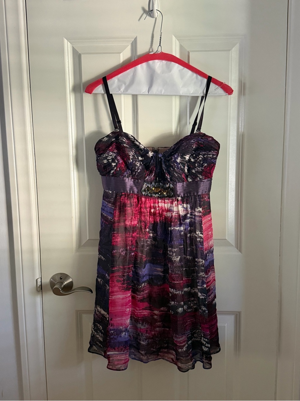 BCBGMaxAzria Strapless-Style Mini Dress in Purple and Pink Abstract Print